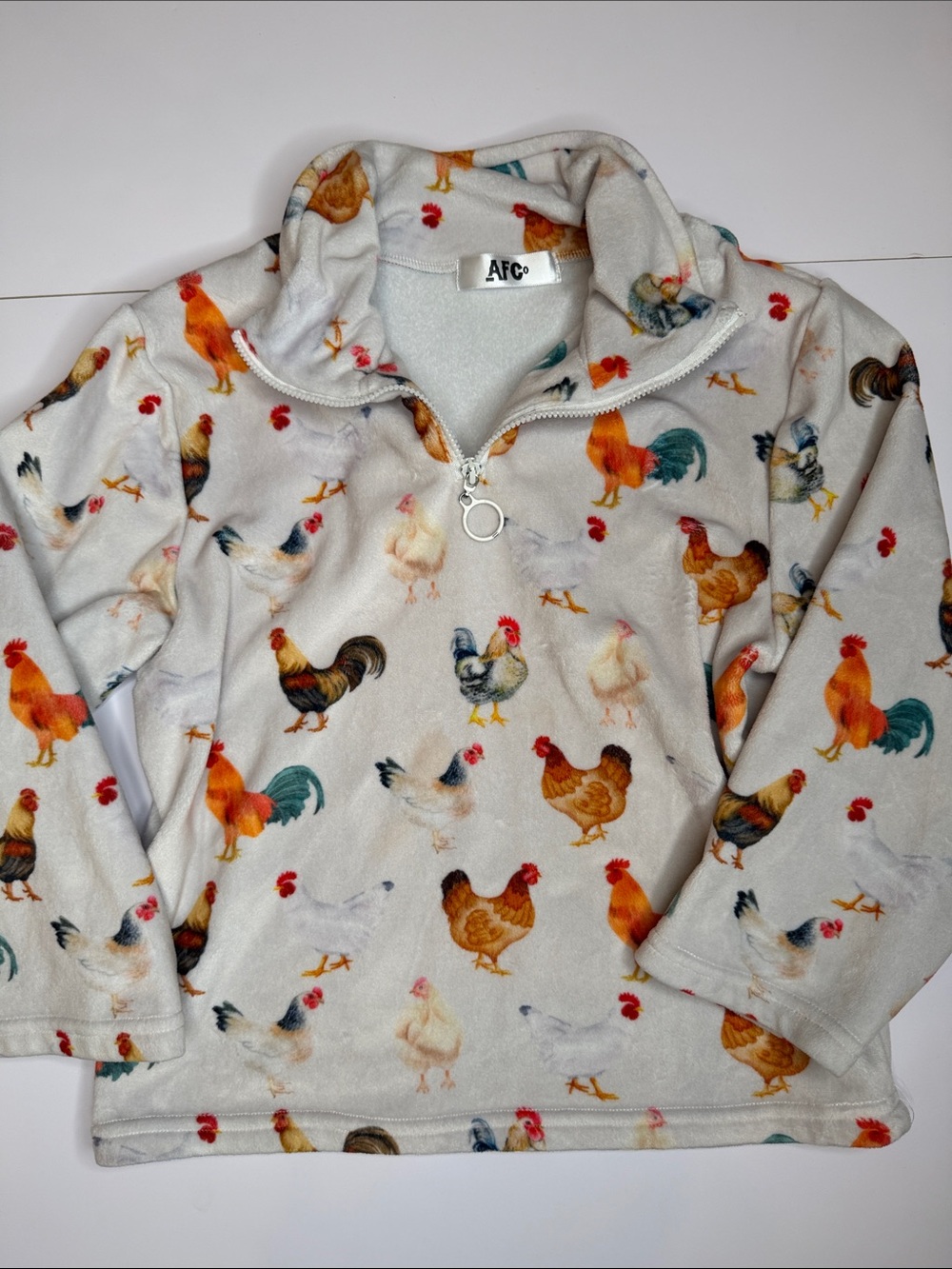 Chicken Print Half-Zip Fleece Pullover - Cream with Multicolor Roosters
